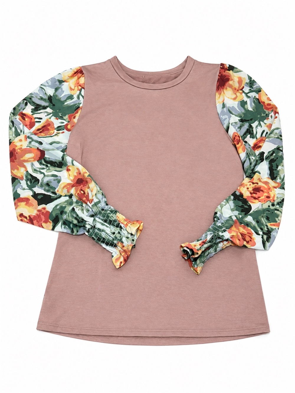 Mauve Floral-Sleeve Long Sleeve Top